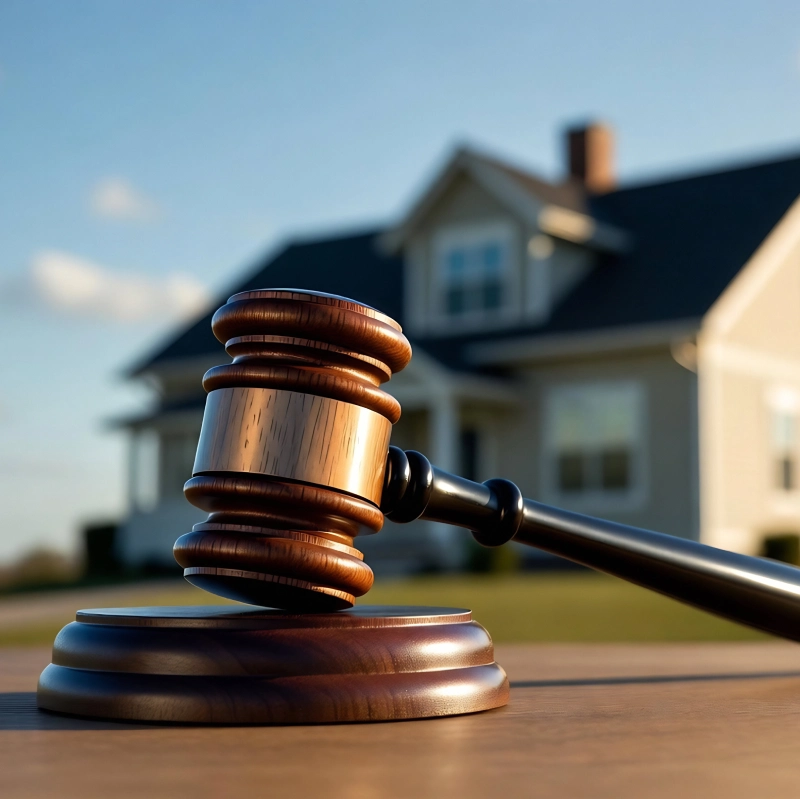 Legal scales and model home representing real estate and property valuation